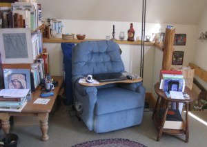 My #1 workspace, aka the blue chair
