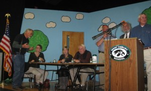 Our town officials.  Starting 2nd from left: executive secretary Jen Rand; selectmen Cindy Mitchell, Richard Knabel, and (standing) Skipper Manter; town counsel Ron Rappaport; and moderator Pat Gregory.