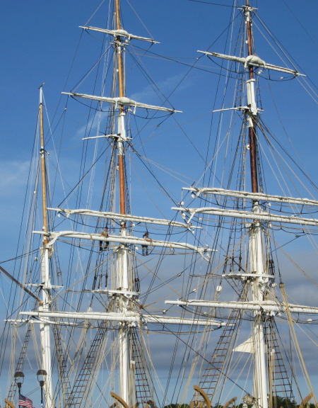 The three-masted Morgan is a bark, meaning that the fore and main masts are square-rigged and the mizzen mast is rigged fore-and-aft.