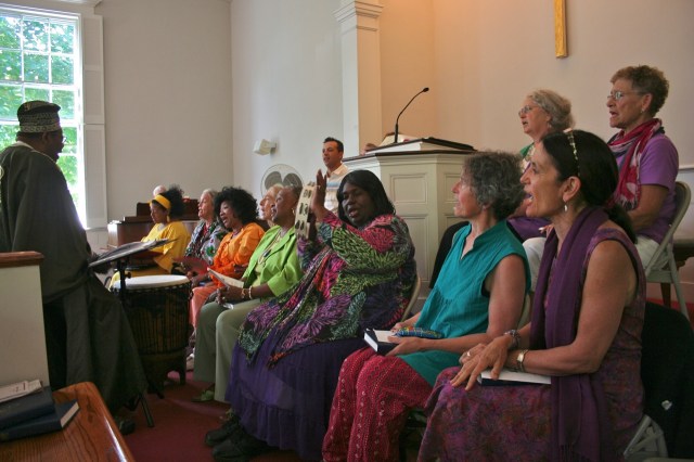 From the Spirituals Choir's 2013 appearance at the West Tisbury church. Soloist Elizabeth Lyra Ross is in yellow at the far left. This year she wore blue. Photo by Lynn Christoffers.