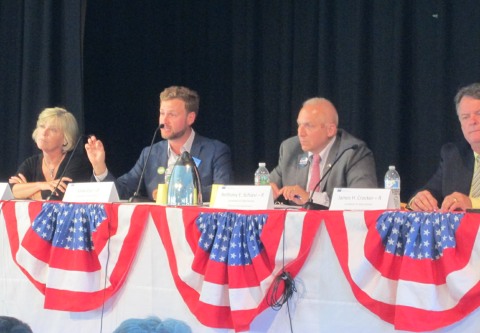 State senate candidates, from left: Democrats Sheila Lyons and Julian Cyr and Republicans Antony Schiavi and James Crocker.