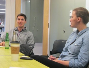 Dylan Fernandes (left) and Kaylea Moore hold office hours at the West Tisbury library.